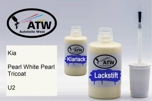 Kia, Pearl White Pearl Tricoat, U2: 20ml Lackstift + 20ml Klarlack - Set, von ATW Autoteile West.